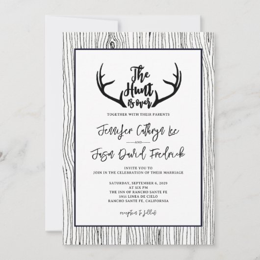 "Hunt is voorbij" Rustiek hout Antler bruiloft Kaart (Voorkant)