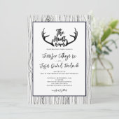 "Hunt is voorbij" Rustiek hout Antler bruiloft Kaart (Staand voorkant)