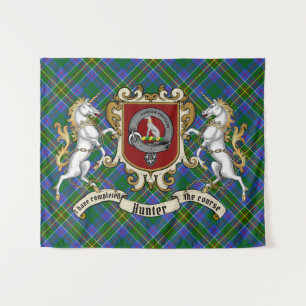 Hunter Clan Badge & Unicorns met Tartan Wandkleed