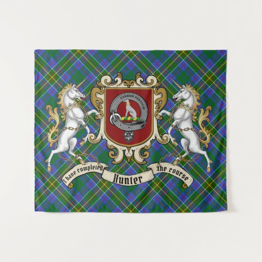 Hunter Clan Badge & Unicorns met Tartan Wandkleed (Voorkant (horizontaal))