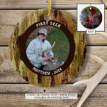 Hunter FIRST DEER Foto Camouflage gepersonaliseerd Keramisch Ornament<br><div class="desc">Het ornament VAN DE EERSTE DEER van de honger personaliseerde met een foto en een naam/een datum op de voorzijde en een volledig-aftapfoto op de rug van de getoonde stijl van het ornament. Camouflage patroon. Al tekst is editable zodat kunt u de titel veranderen zoals gewenst. PHOTO TIP: Voor de...</div>