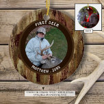 Hunter FIRST DEER Photo Brown Camouflage Keramisch Ornament<br><div class="desc">Het ornament VAN DE EERSTE DEER van de Hunter met een foto en een naam/een datum op de voorzijde en een volledig-aftapfoto op de rug van de getoonde stijl van het ornament wordt gepersonaliseerd (merk op dat alle aangeboden stijlen van het ornament geen foto's op de achterkant hebben). Camouflage patroon....</div>