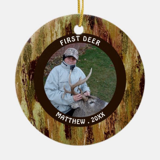 Hunter FIRST DEER Photo Camouflage-herdenking Keramisch Ornament (Voorkant)
