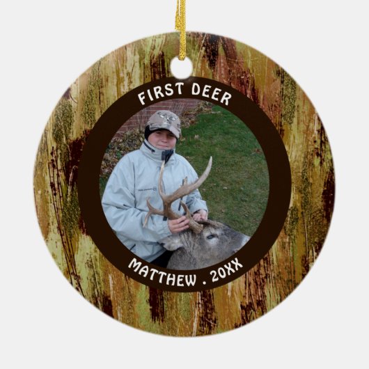 Hunter FIRST DEER Photo Camouflage-herdenking Keramisch Ornament (Achterkant)