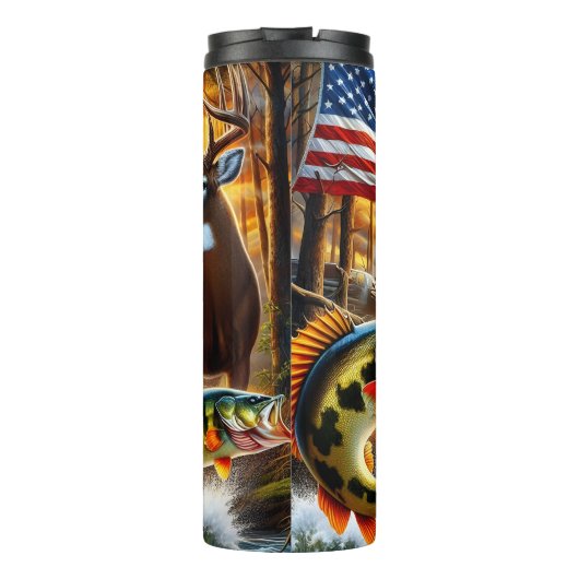 Hunter Fish Deer Amerikaanse vlag Thermosbeker (Achterkant)