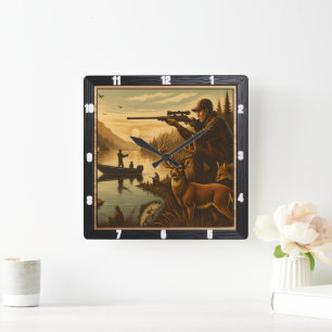 Hunter Fisherman Wildlife Sunset Vierkante Klok