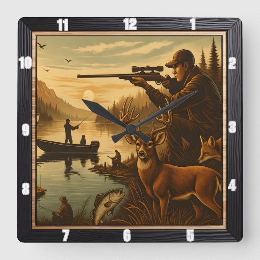 Hunter Fisherman Wildlife Sunset Vierkante Klok (Voorkant)