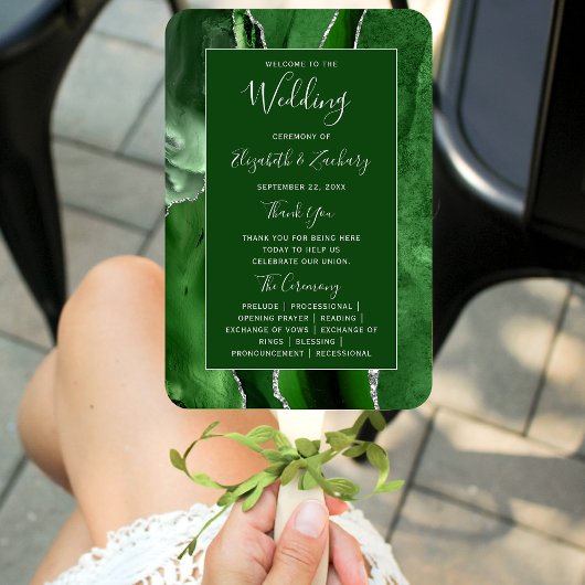 Hunter Green Agate Silver Glitter Wedding Programm Handwaaier