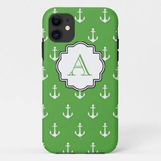 Hunter Green Anchor Print Monogram iPhone 11 Hoesje