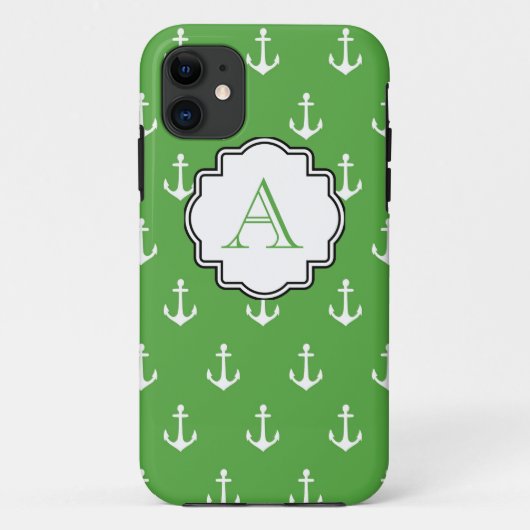 Hunter Green Anchor Print Monogram Case-Mate iPhone Case (Achterkant)