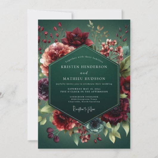 Hunter Green Baroque Flora Wedding Kaart (Voorkant)