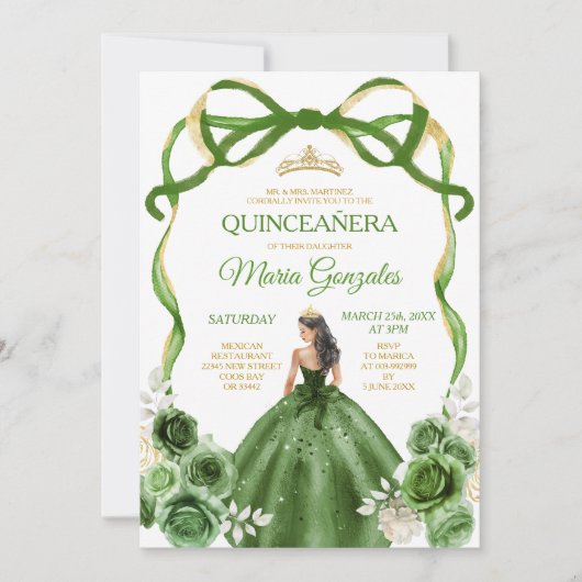 Hunter Green Bow Princess Gold Crown Quinceañera Kaart (Voorkant)