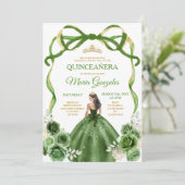 Hunter Green Bow Princess Gold Crown Quinceañera Kaart (Staand voorkant)