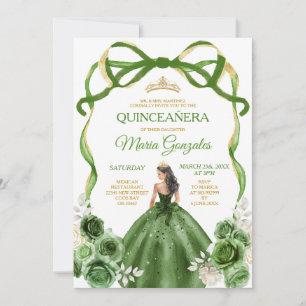 Hunter Green Bow Princess Gold Crown Quinceañera Kaart