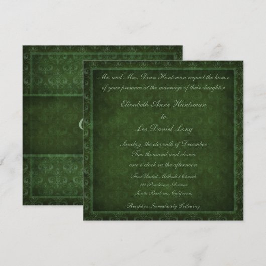Hunter Green  Damask Wedding Invitations Kaart (Voorkant / Achterkant)