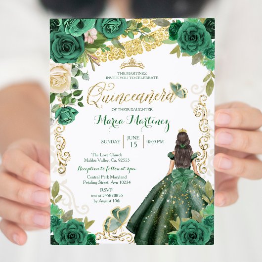 Hunter Green Dress 2 Mis Quince Invitation Kaart