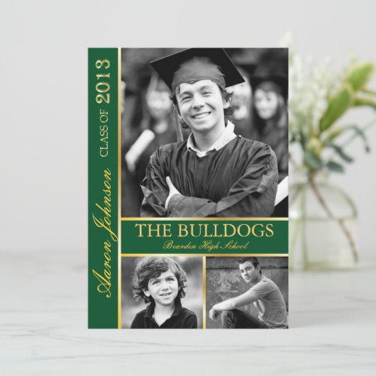 Hunter Green en Gold Photo Invitation E Kaart (Staand voorkant)