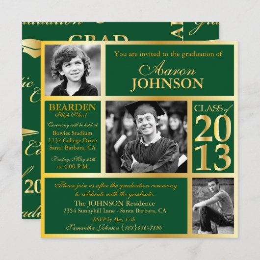 Hunter Green en Gold Photo Invitation H Kaart (Voorkant / Achterkant)