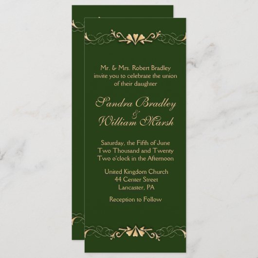 Hunter Green en Gold Wedding Invitation Kaart (Voorkant / Achterkant)