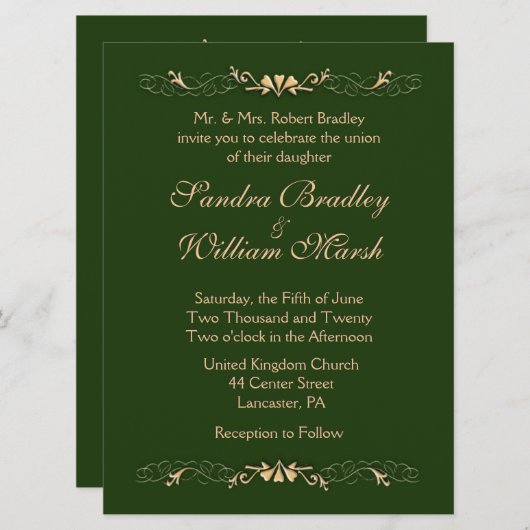 Hunter Green en Gold Wedding Invitation Kaart (Voorkant / Achterkant)