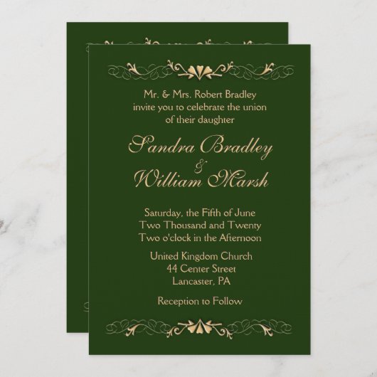 Hunter Green en Gold Wedding Invitation Kaart (Voorkant / Achterkant)