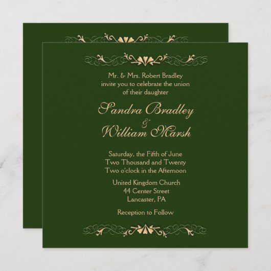 Hunter Green en Gold Wedding Invitation Kaart (Voorkant / Achterkant)