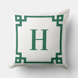 Hunter Green en White Griekse Key Border Monogram Buitenkussen