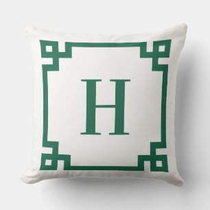 Hunter Green en White Griekse Key Border Monogram Buitenkussen