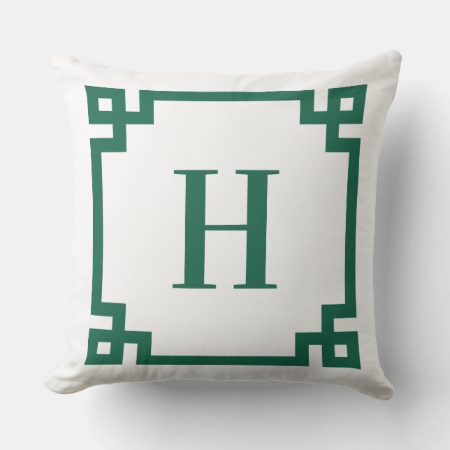 Hunter Green en White Griekse Key Border Monogram Buitenkussen (Voorkant)
