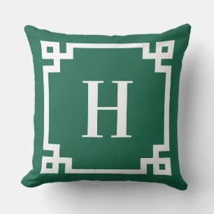 Hunter Green en White Griekse Key Border Monogram Buitenkussen