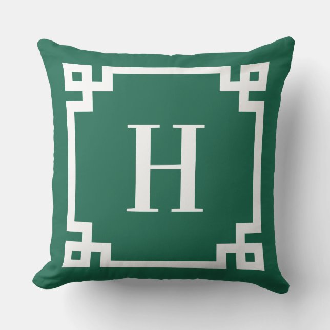Hunter Green en White Griekse Key Border Monogram Buitenkussen (Voorkant)