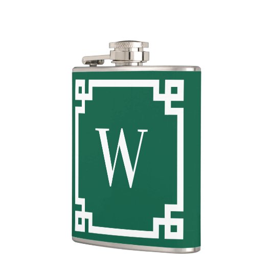 Hunter Green en White Griekse Key Border Monogram Heupfles (Links)