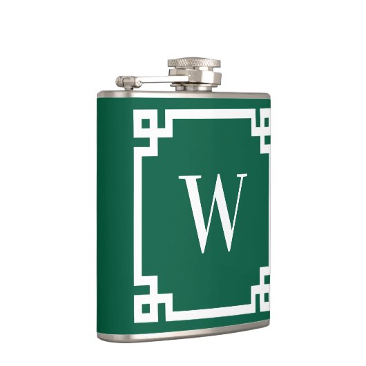 Hunter Green en White Griekse Key Border Monogram Heupfles (Rechts)