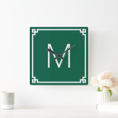 Hunter Green en White Griekse Key Border Monogram Vierkante Klok (Huis)