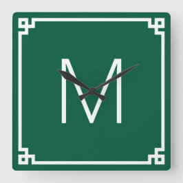 Hunter Green en White Griekse Key Border Monogram Vierkante Klok