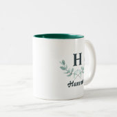 Hunter Green Eucalyptus Leaf Monogrammed Tweekleurige Koffiemok (Voorkant rechts)