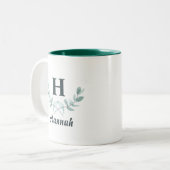 Hunter Green Eucalyptus Leaf Monogrammed Tweekleurige Koffiemok (Voorkant links)