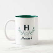 Hunter Green Eucalyptus Leaf Monogrammed Tweekleurige Koffiemok (Links)