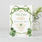 Hunter Green Floral Bow Ribbon Gold Mis Quince Kaart (Staand voorkant)