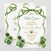 Hunter Green Floral Bow Ribbon Gold Mis Quince Kaart (Voorkant / Achterkant)