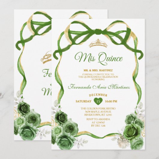 Hunter Green Floral Bow Ribbon Gold Mis Quince Kaart (Voorkant / Achterkant)
