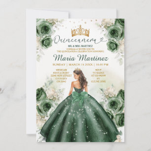 Hunter Green Floral Princess Gold Quiñceanera Kaart