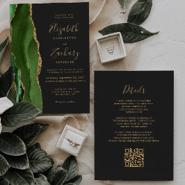 Hunter Green Gold Agaat Dark QR Code Wedding Kaart
