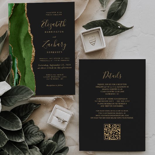 Hunter Green Gold Agaat Dark QR Code Wedding Kaart