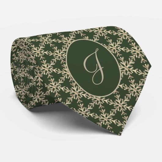 Hunter Green Gold Snowflakes Pattern Monogramed Stropdas (Opgerold)