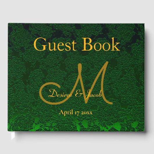Hunter Green Gold Weduwing Reception Monogram Gastenboek (Voorkant)