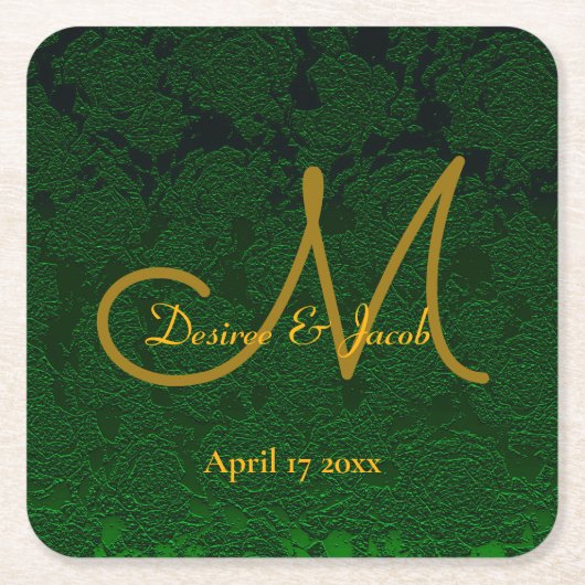 Hunter Green Gold Weduwing Reception Monogram Kartonnen Onderzetters (Voorkant)