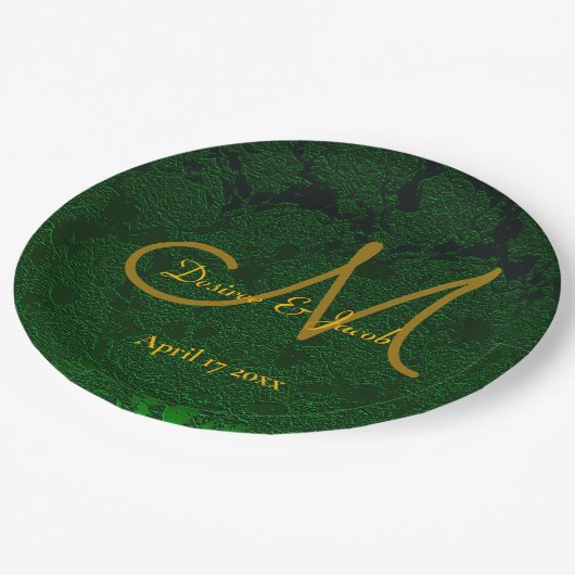 Hunter Green Gold Weduwing Reception Monogram Papieren Bordje (Gekanteld)