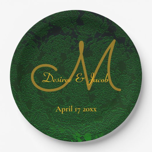 Hunter Green Gold Weduwing Reception Monogram Papieren Bordje (Voorkant)