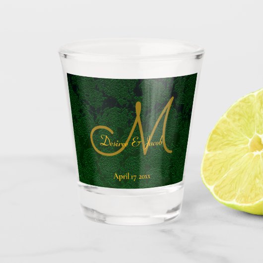 Hunter Green Gold Weduwing Reception Monogram Shot Glas (Voorkant)